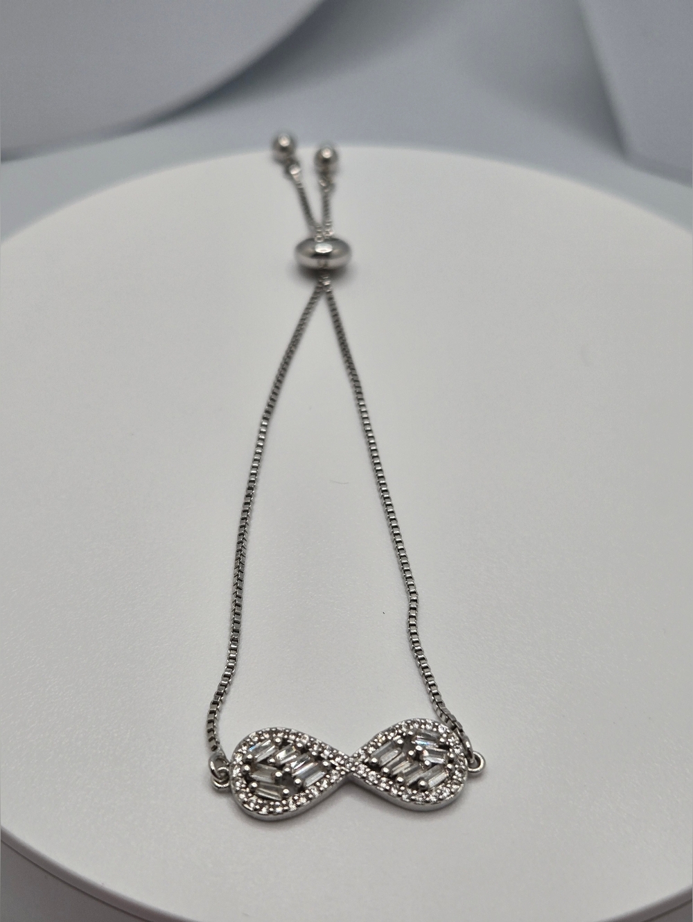 Silver Tone Infinity Bolo Bracelet Clear Stone Adjustable Box Chain 8" Max